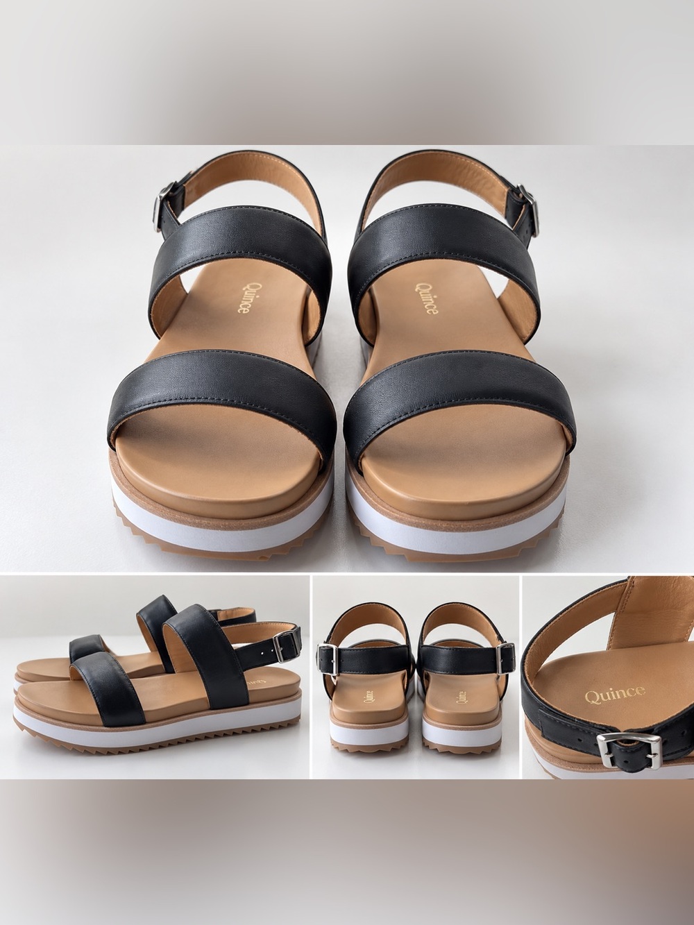 Quince Italian Leather Double-Strap Platform Sandals Black Size 8 NEW